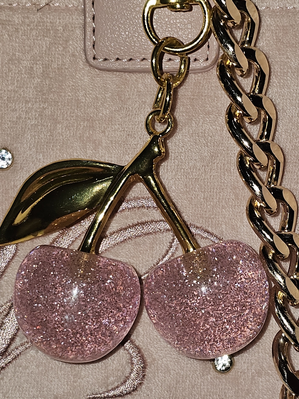 Juicy Couture Pale Pink Velvet Tote with Gold Chain & Cherry Charm - Picture 6 of 11